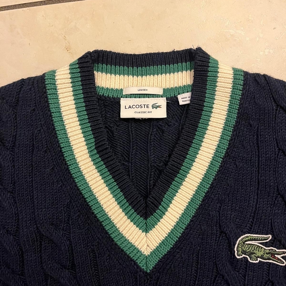 Lacoste Unisex V-Neck Sweater in Navy with Green and White Stripes, Used